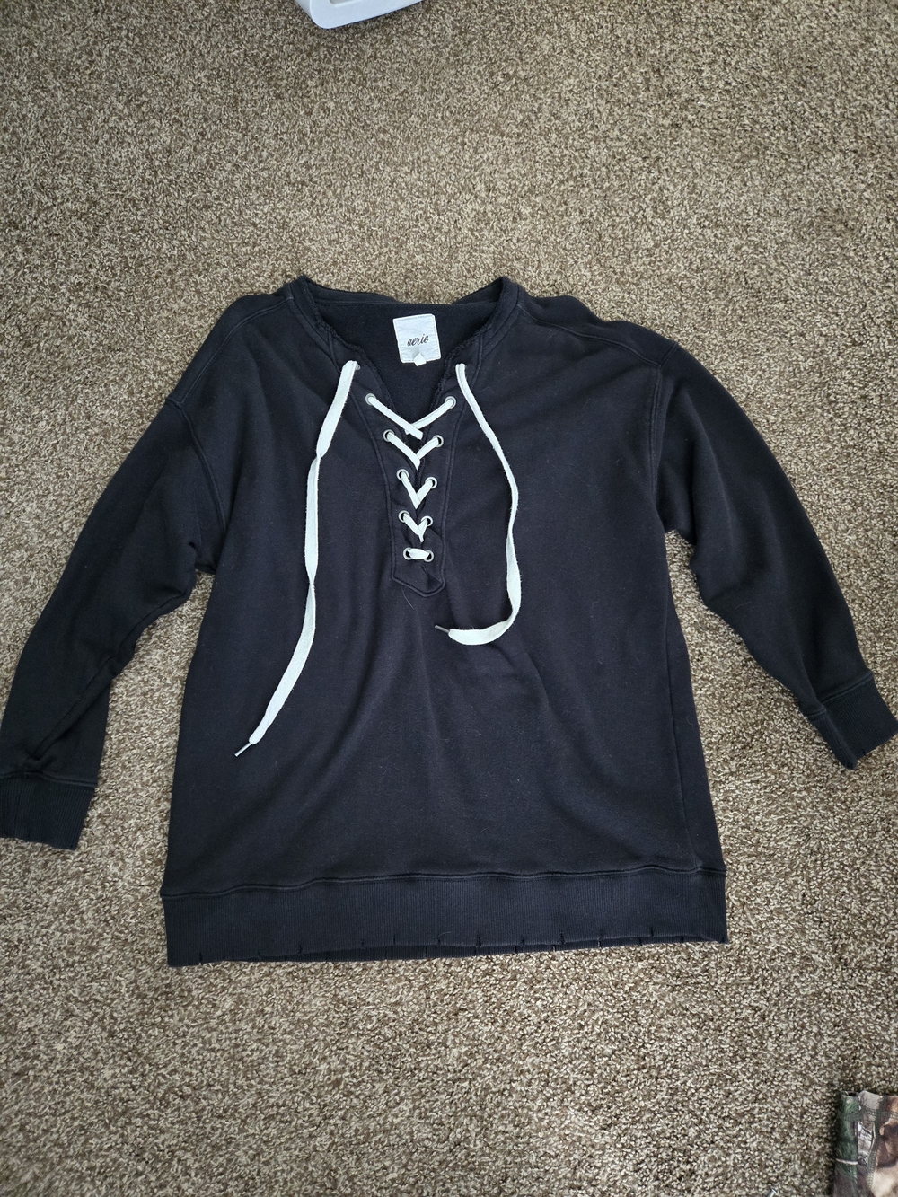 aerie Black Lace-Up Pullover Sweatshirt with White Drawstrings